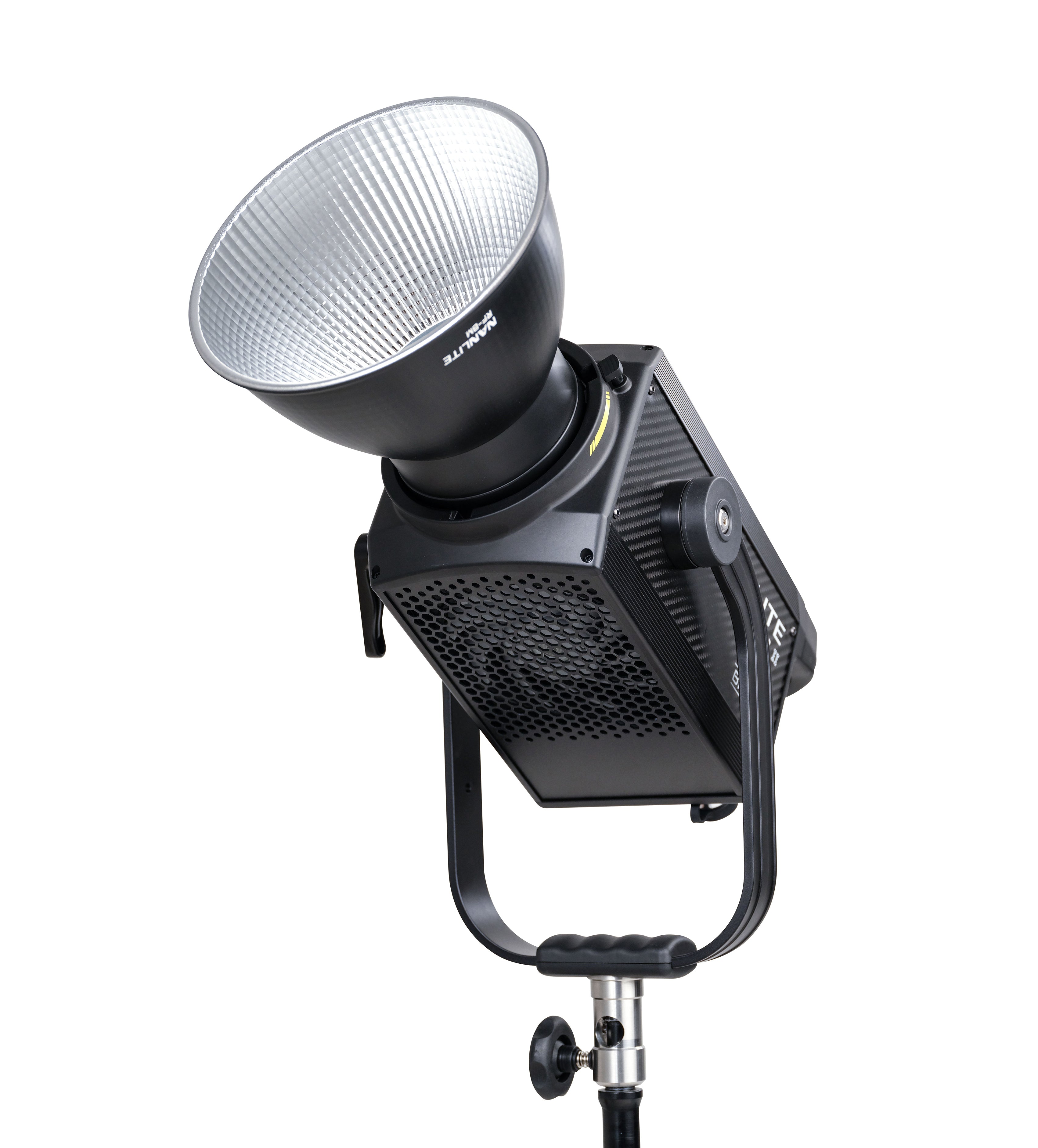 NANLITE Forza 500B II LED Bi-color Spot Light shown tilted upwards on a light stand.