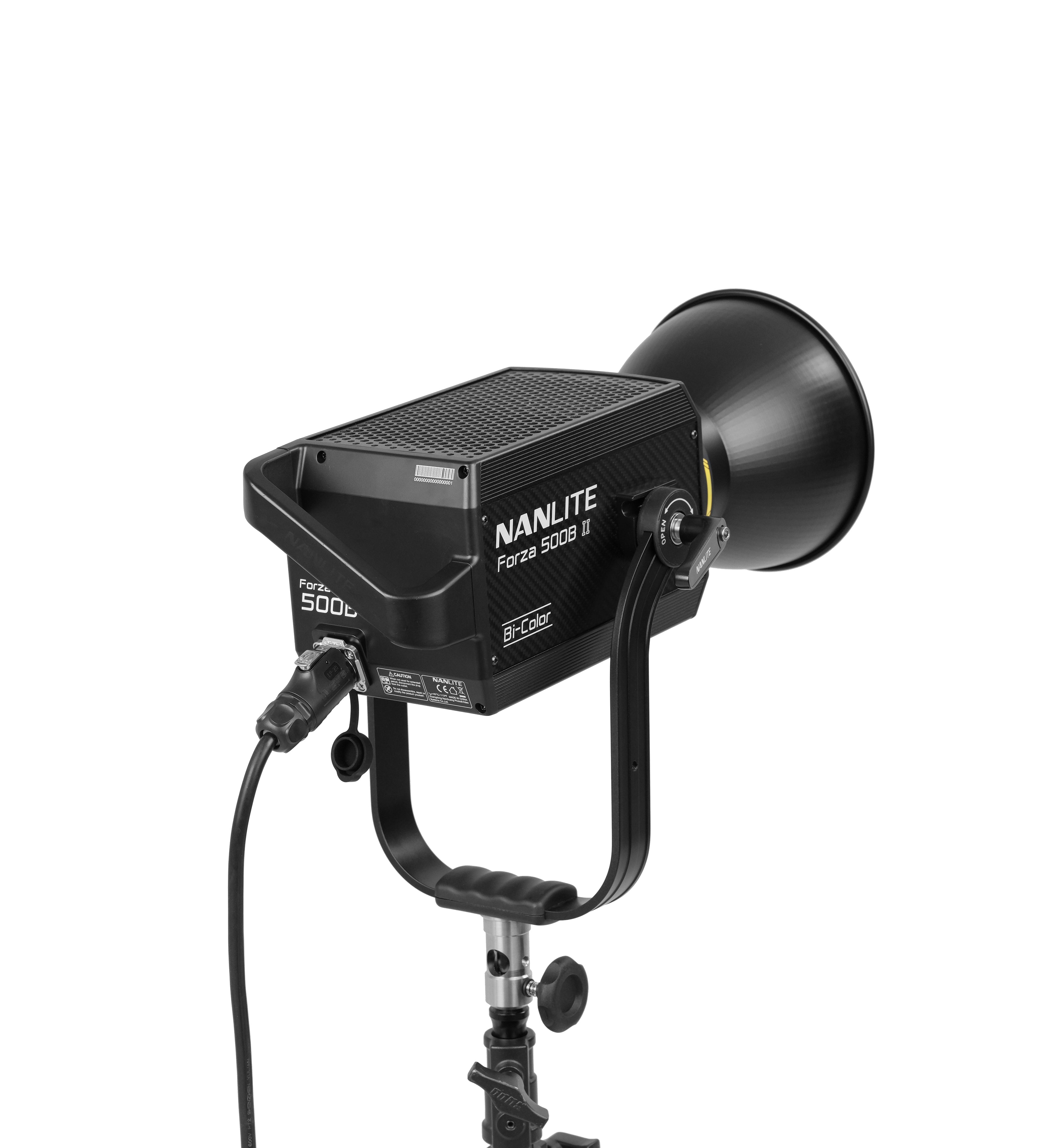 Rear 3/4 view of the NANLITE Forza 500B II LED Bi-color Spot Light connected to a light stand.