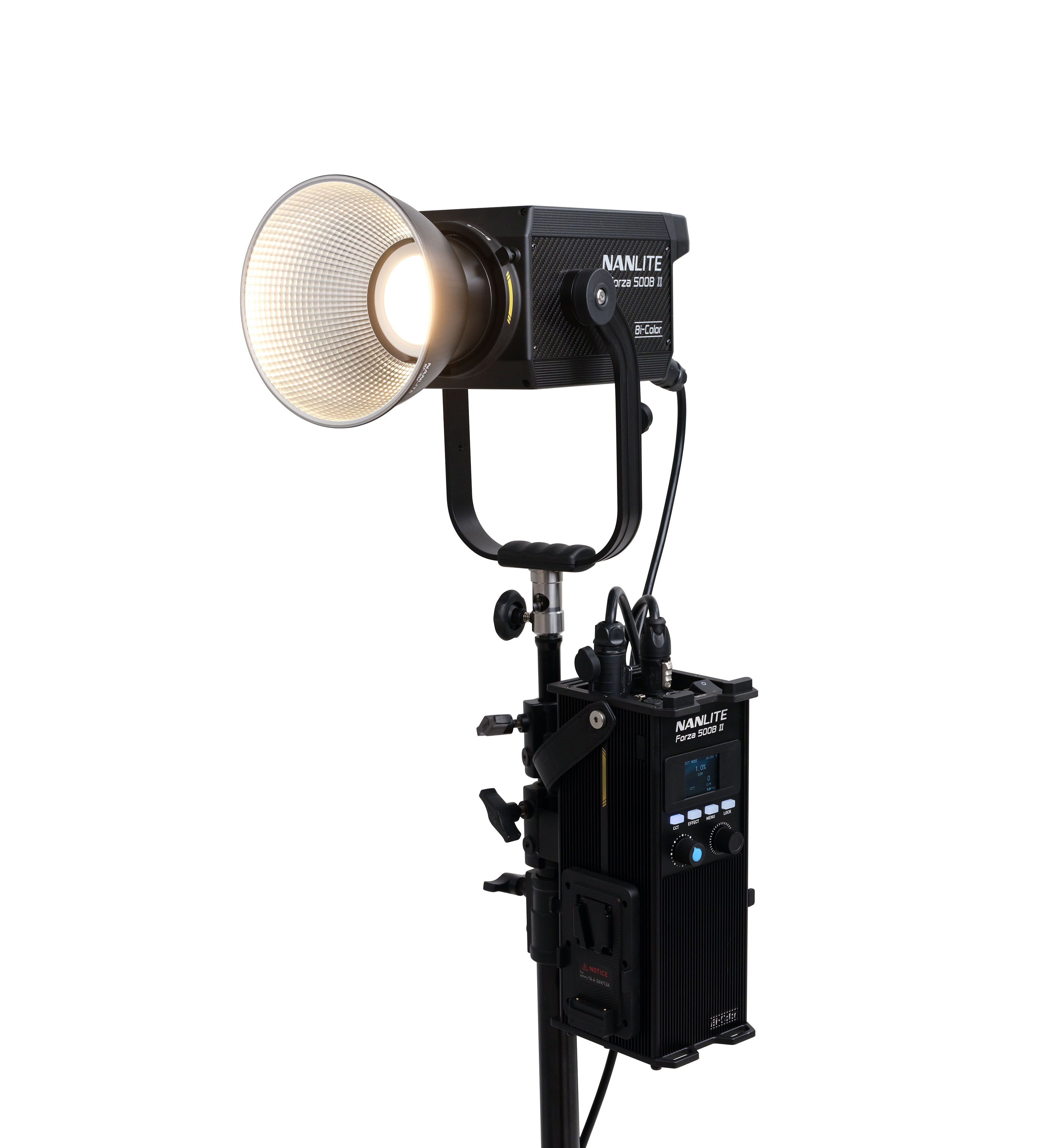 NANLITE Forza 500B II LED Bi-color Spot Light connected to a stand.