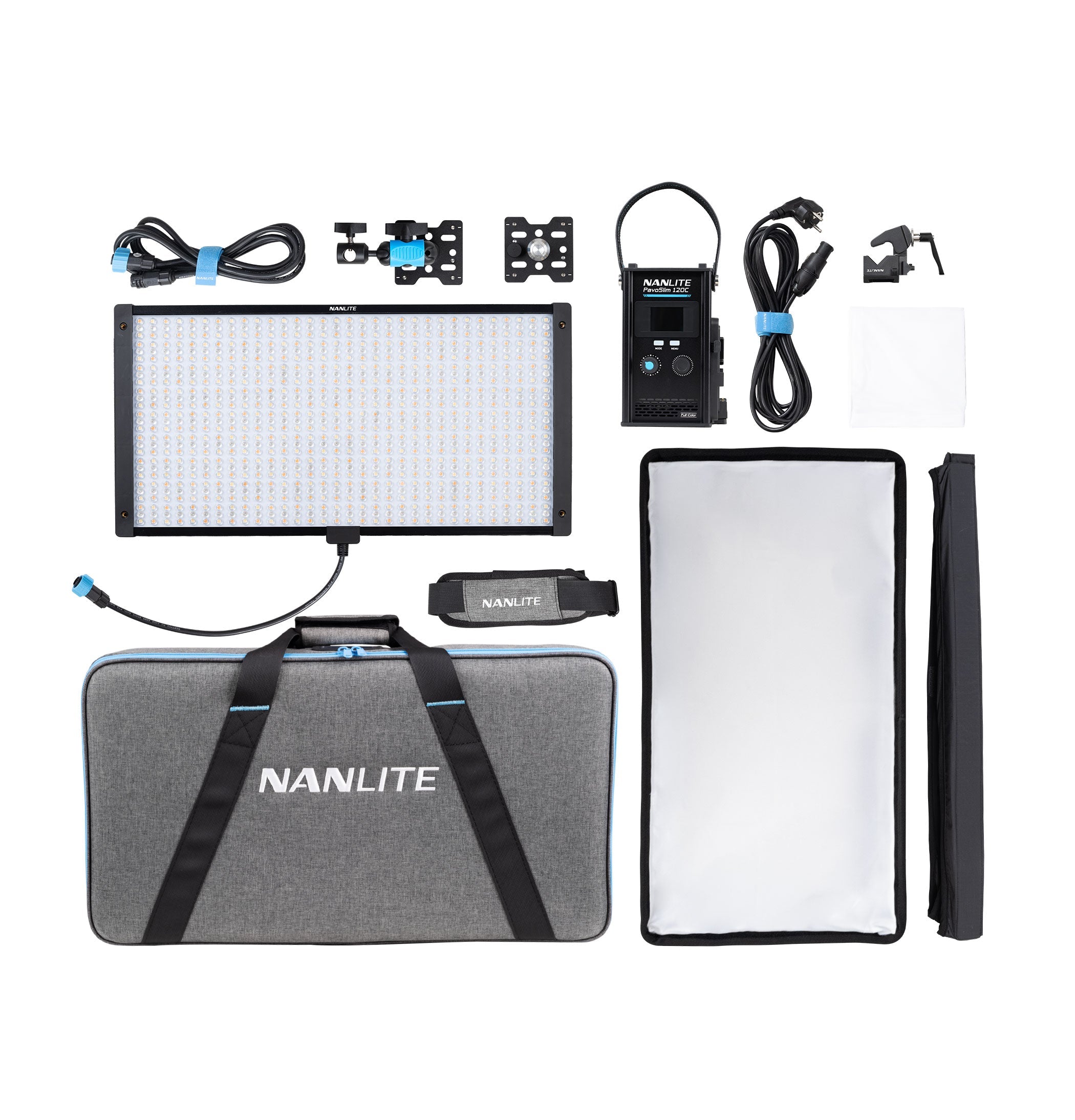 NANLITE PavoSlim 120C LED RGBWW Panel Light with all components included.
