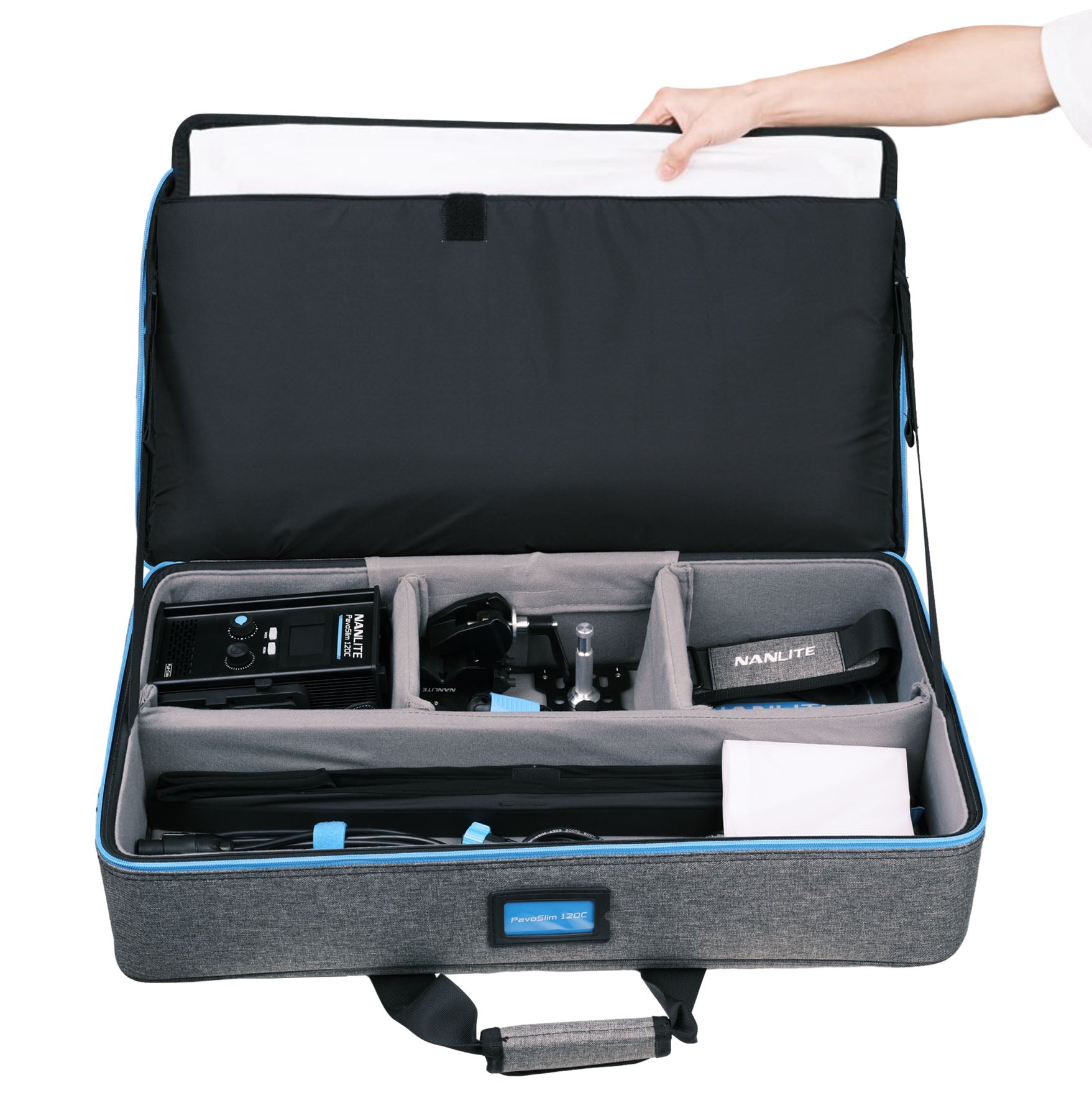 Interior view of a bag for the PavoSlim 120B KIT with Quick Release Softbox & Clamp.