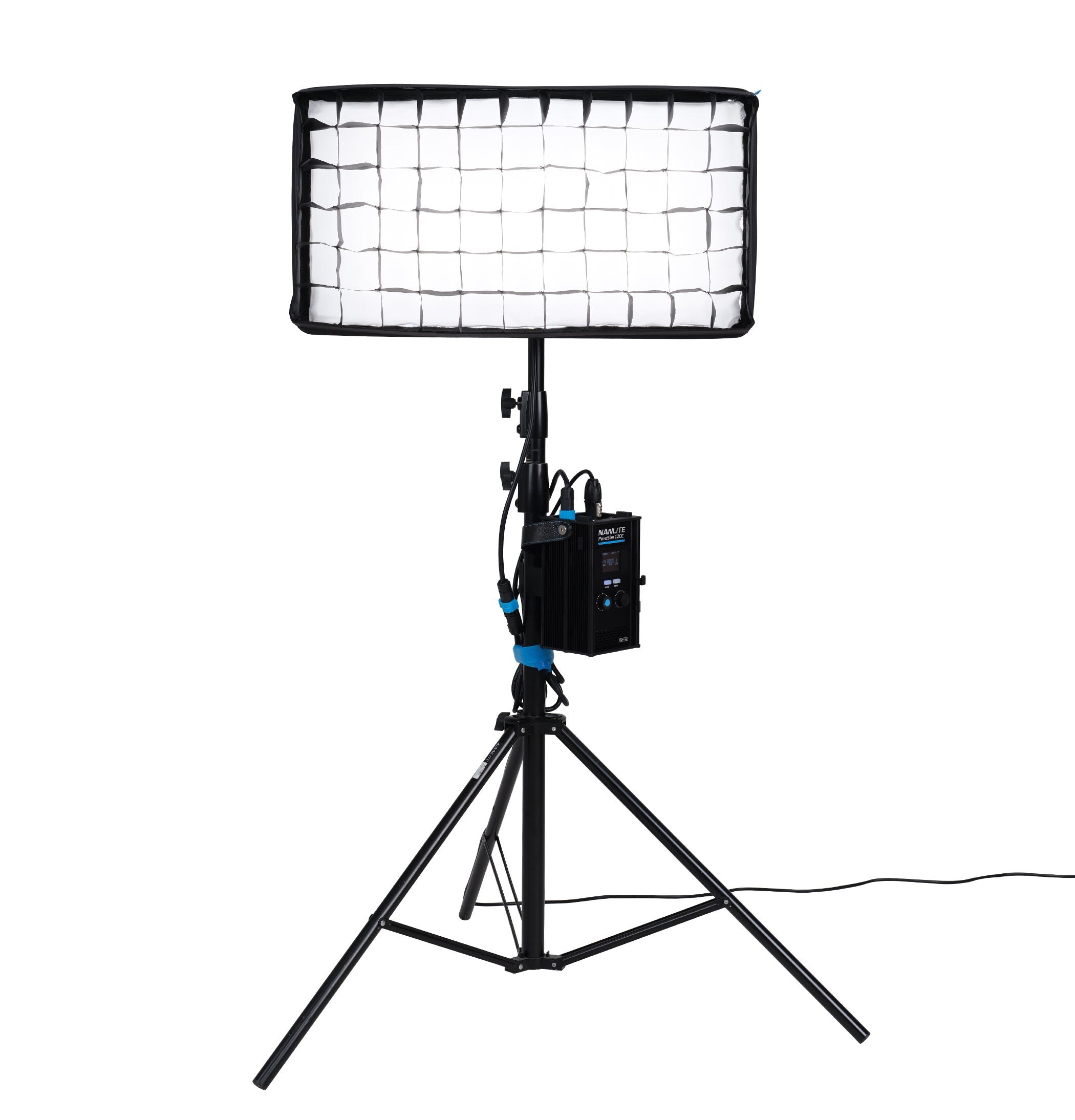 Front view of NANLITE PavoSlim 120C LED RGBWW Panel Light with a light grid and stand.