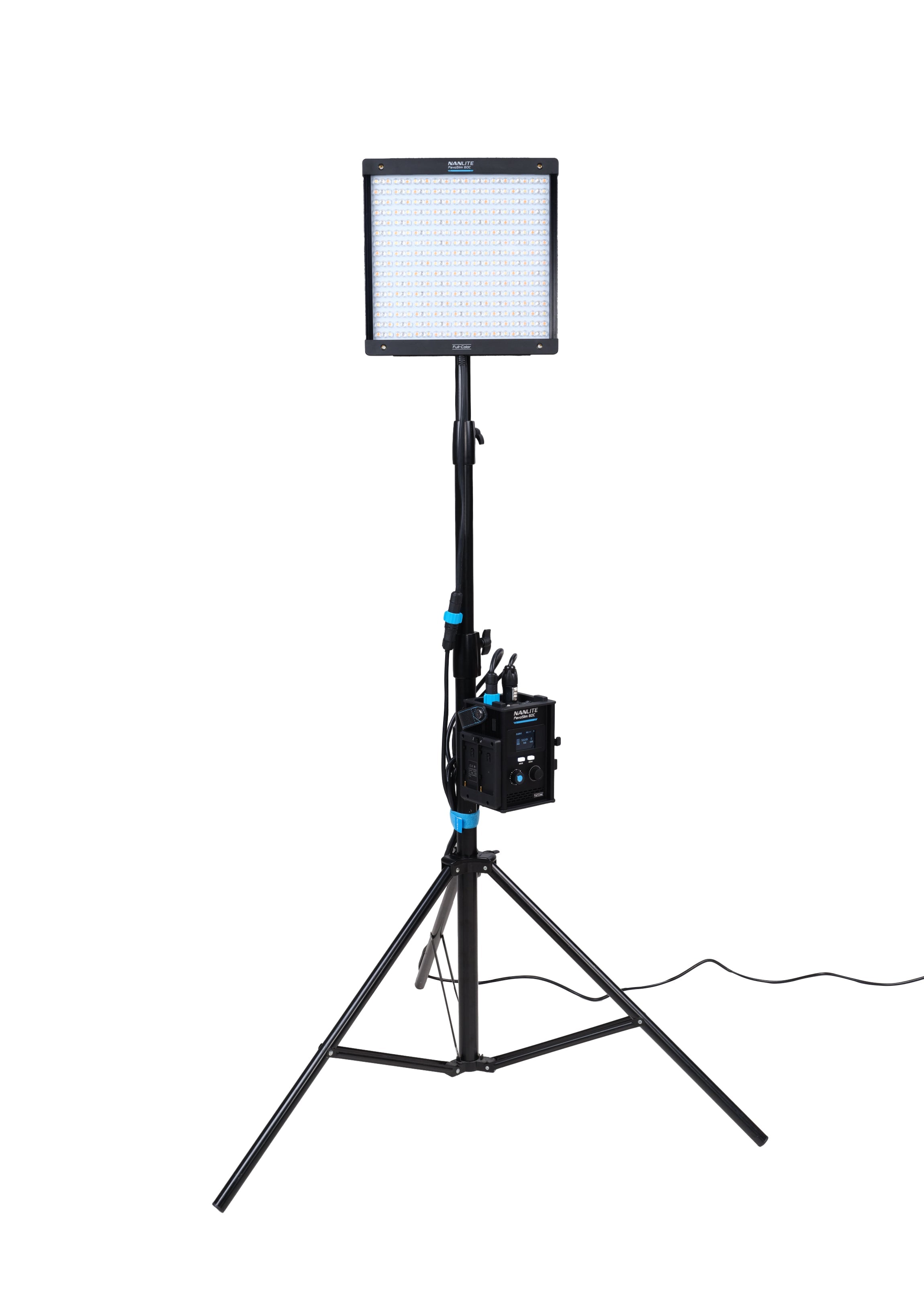 Front view of the NANLITE PavoSlim 60C LED RGBWW Panel Light attached to a lighting stand.