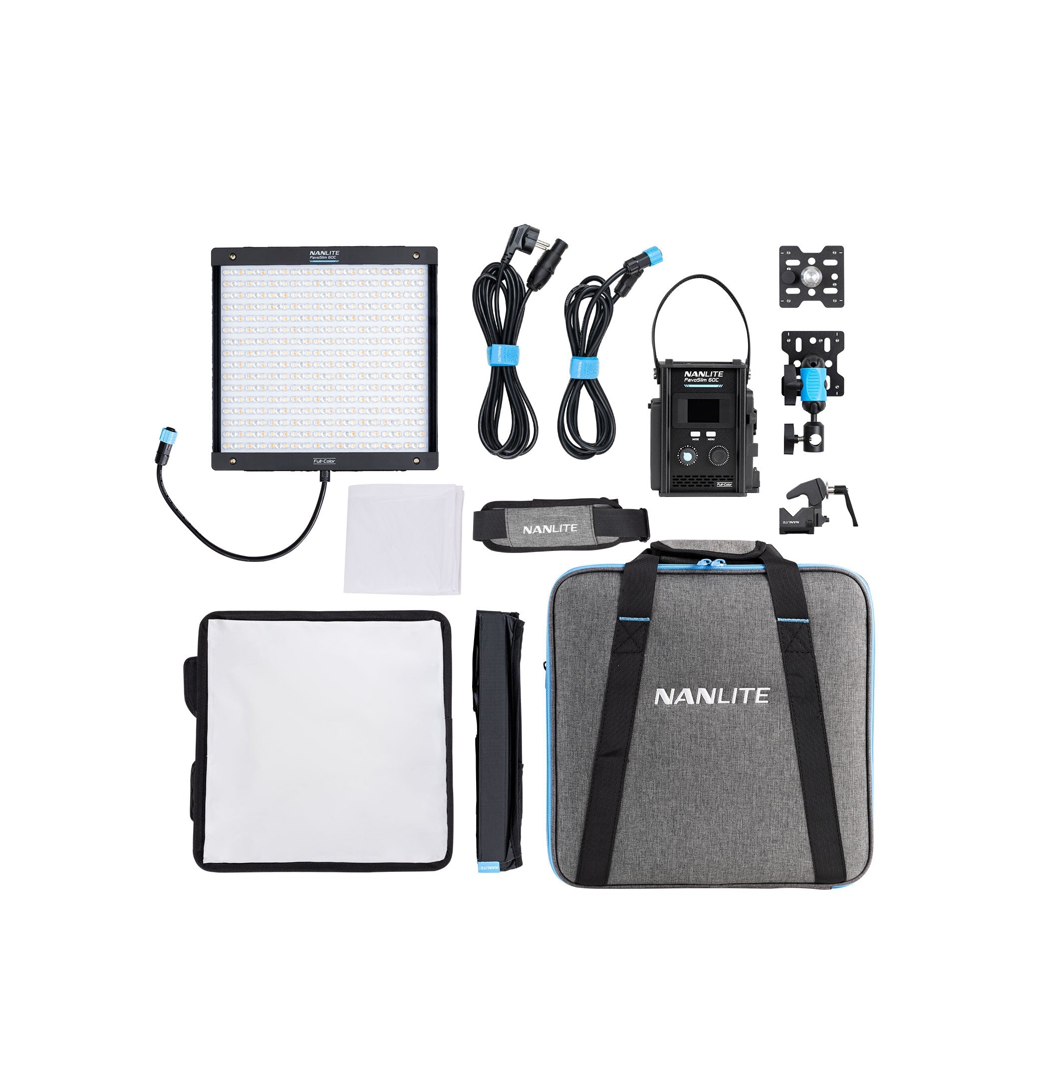 NANLITE PavoSlim 60C LED RGBWW Panel Light, all items shown are included.