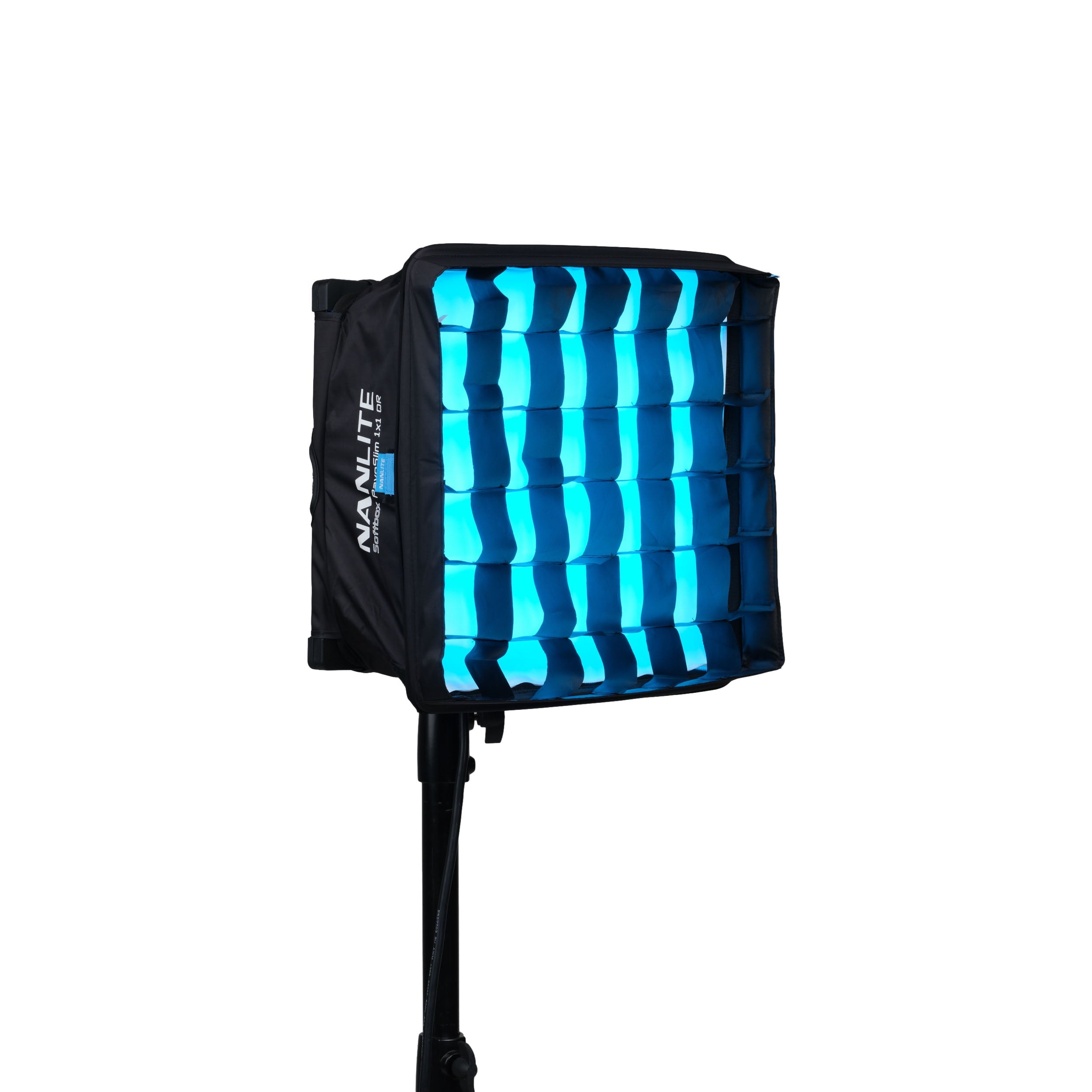 Side view of a NANLITE PavoSlim 60C LED RGBWW Panel Light with a grid attached projecting blue light.