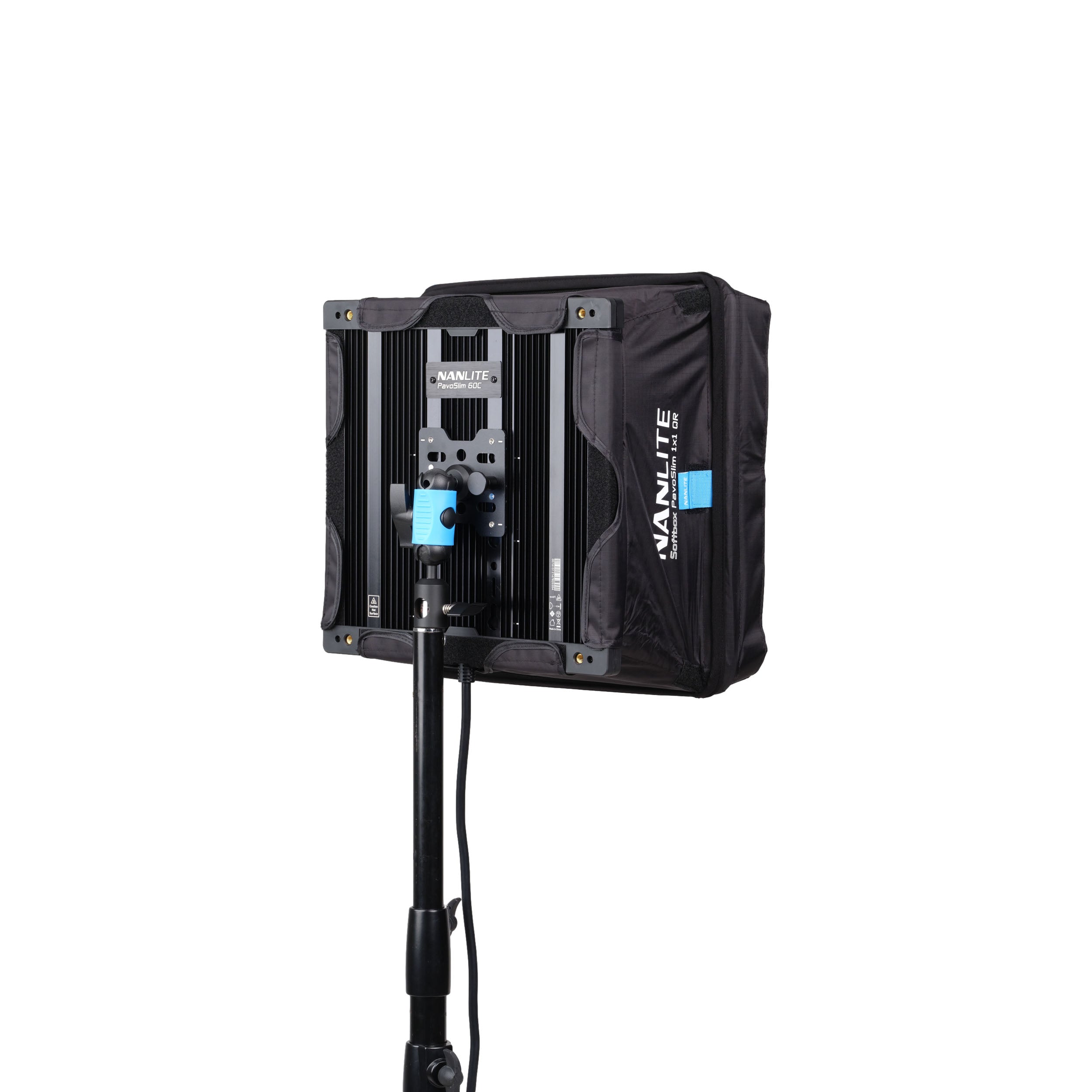 Rear view of the NANLITE PavoSlim 60C LED RGBWW Panel Light attached to a stand.