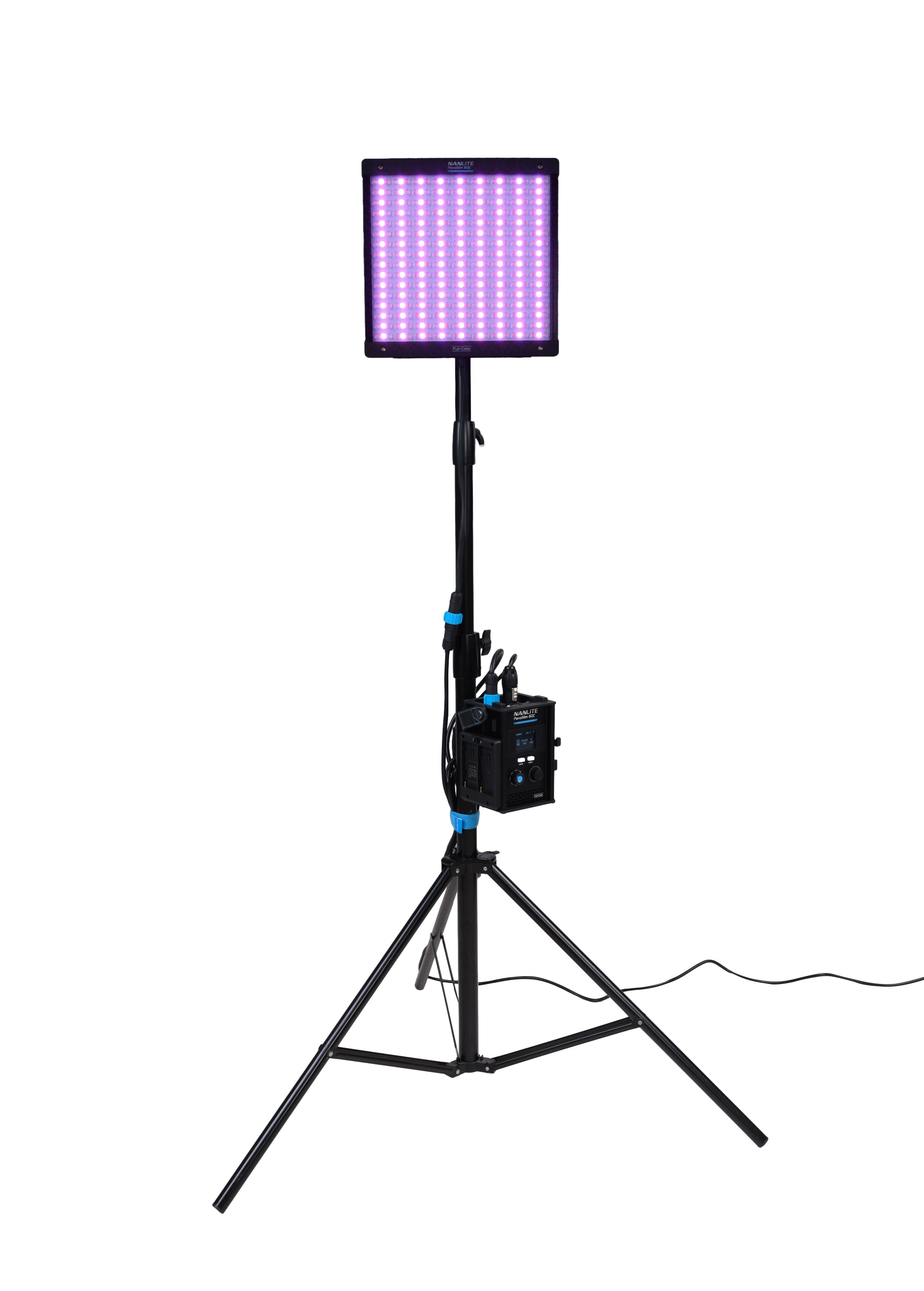 NANLITE PavoSlim 60C LED RGBWW Panel Light projecting out purple light.