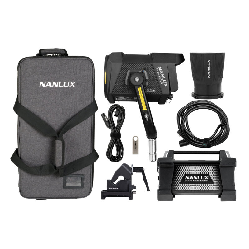 NANLUX Evoke 1200B Spot Light with Trolley Case, all components shown. 