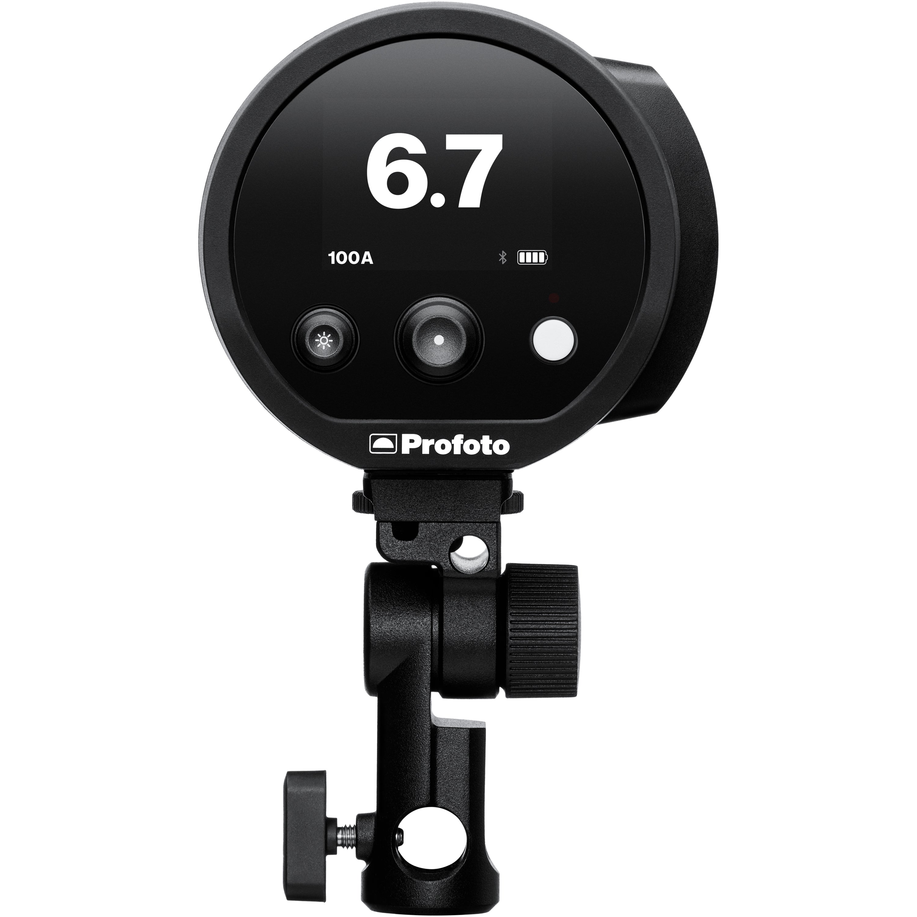 Rear view of Profoto B30 Single head attached to a stand with screen and button controls visible.