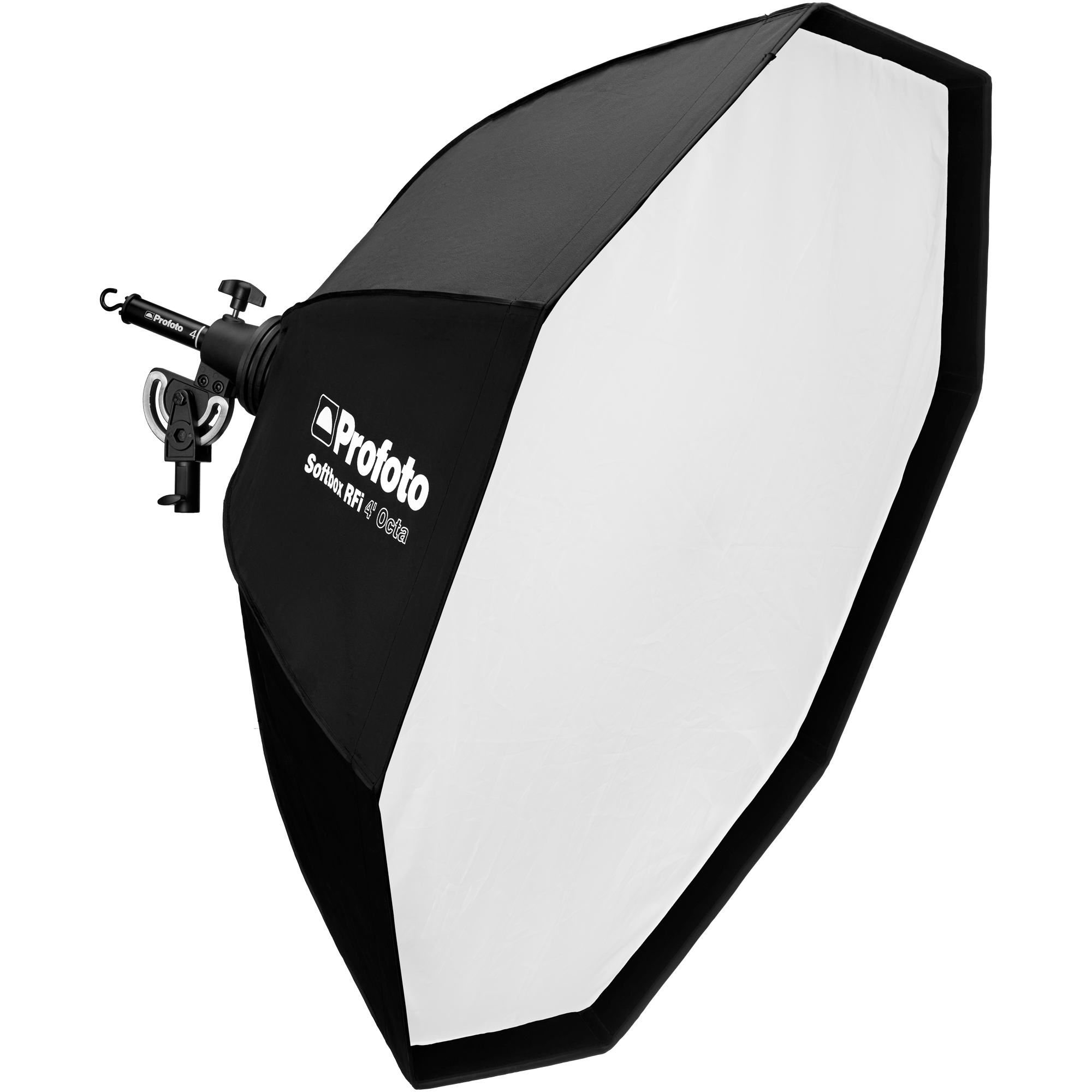 Three-quarter angle showing the Profoto Zoom Rod Softbox Kit, with the assembled Profoto RFI 4ft (120cm) diameter Softbox, but also including the Small Zoom Rod from Profoto. 