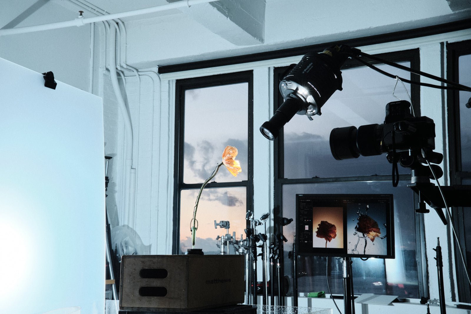 Busy studio scence with a Profoto Spot Small modifier in a busy photo studio.