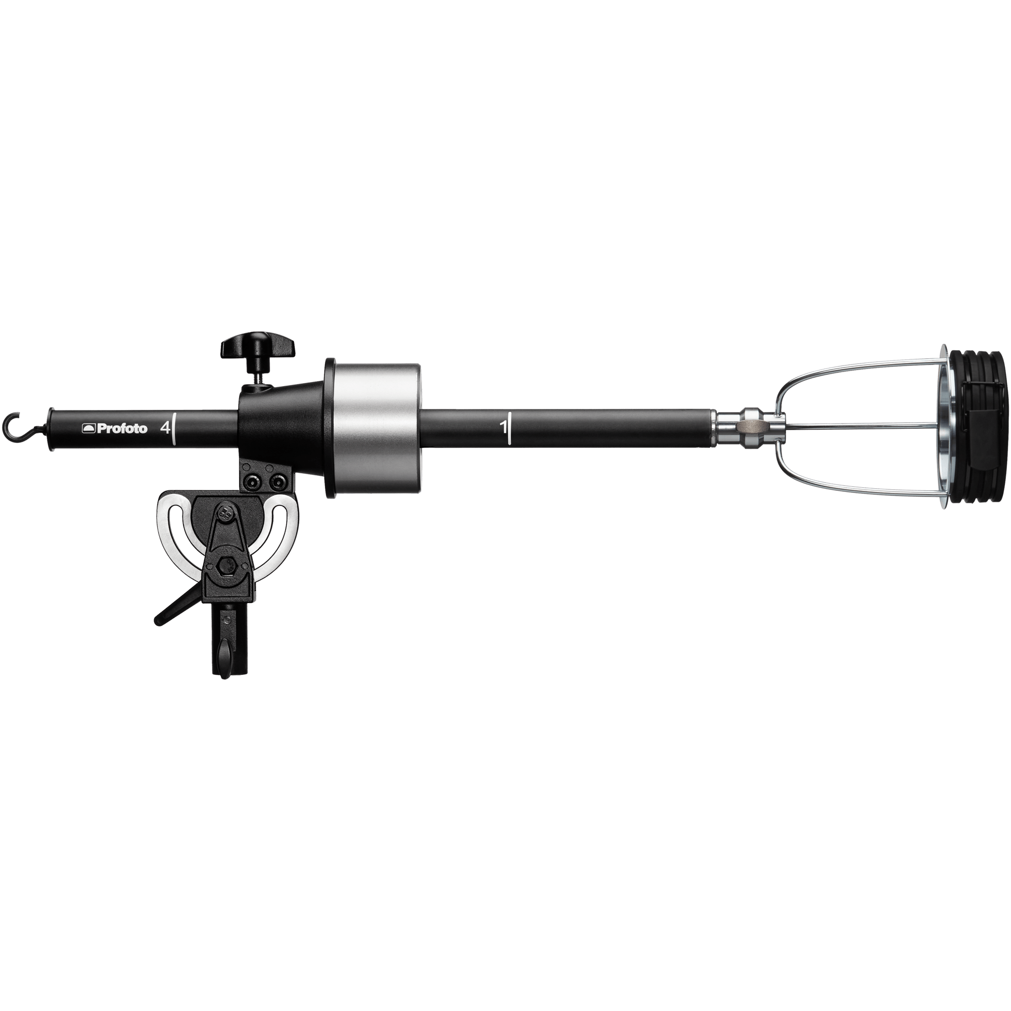 Profoto Zoom Rod Small shown with the Profoto cage attached and the tilt mechanism. 