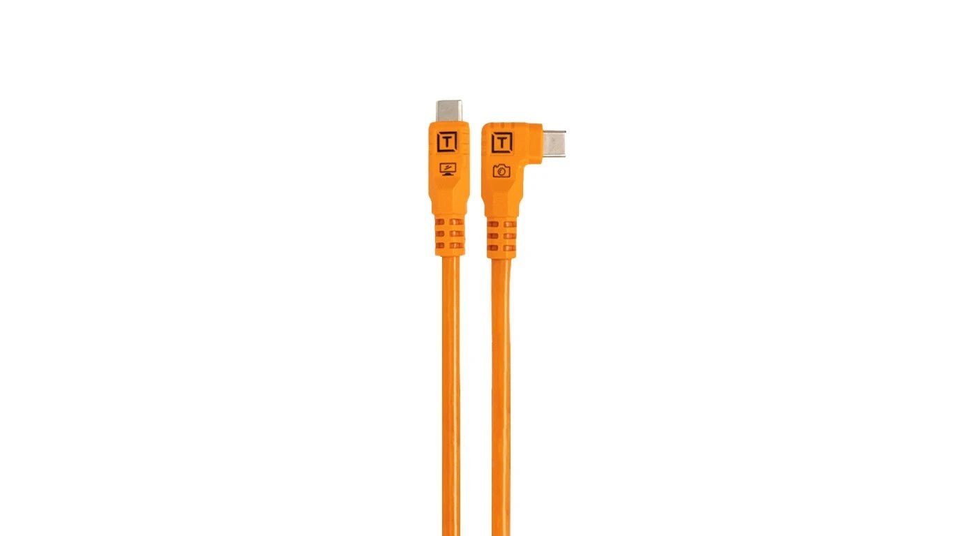 Tether Tools TetherPro Optima 10G USB-C, 20” (51cm), Straight to Right Angle Adapter “Pigtail” Cable, High Visibility Orange on a white background.