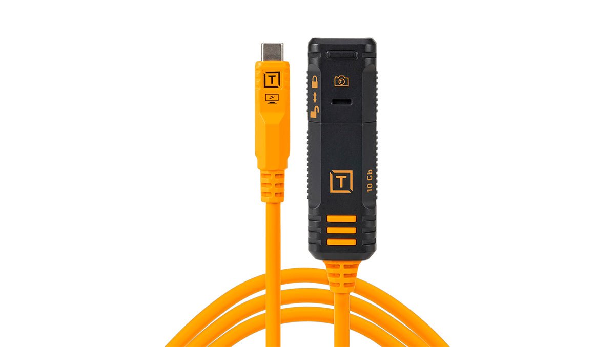 TetherPro Optima 10G TetherBoost Locking Extension Cable 16’ (4.8m) High Visibility Orange on a white background.