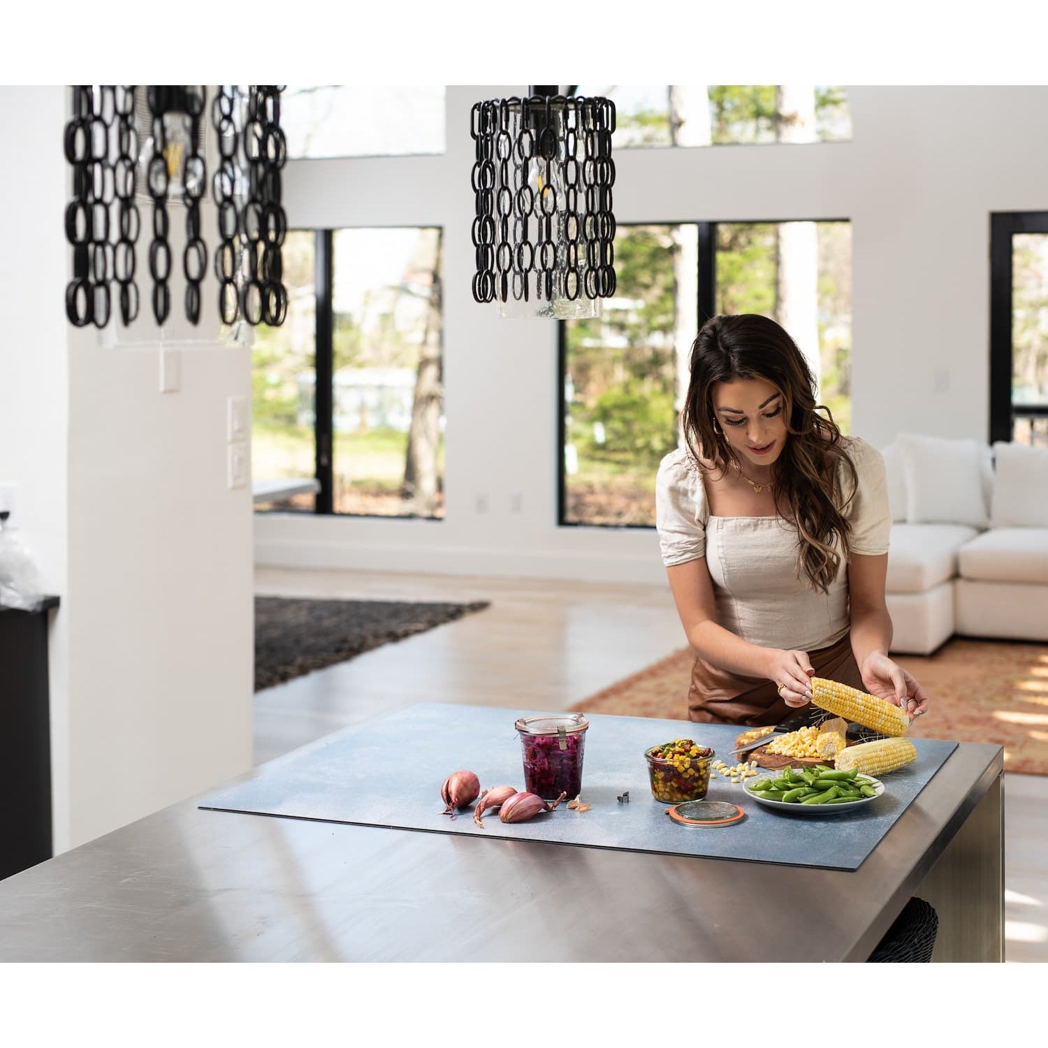 V-Flat Coral Wash/90's Blues - XL Duo Board being used in a kitchen studio.