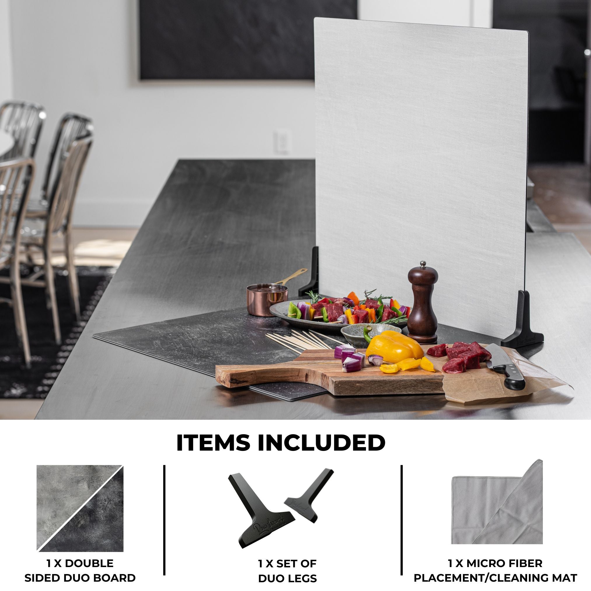 V-Flat Grey Chalk/Dark Chalk Duo Board on a kitchen tabletop. 