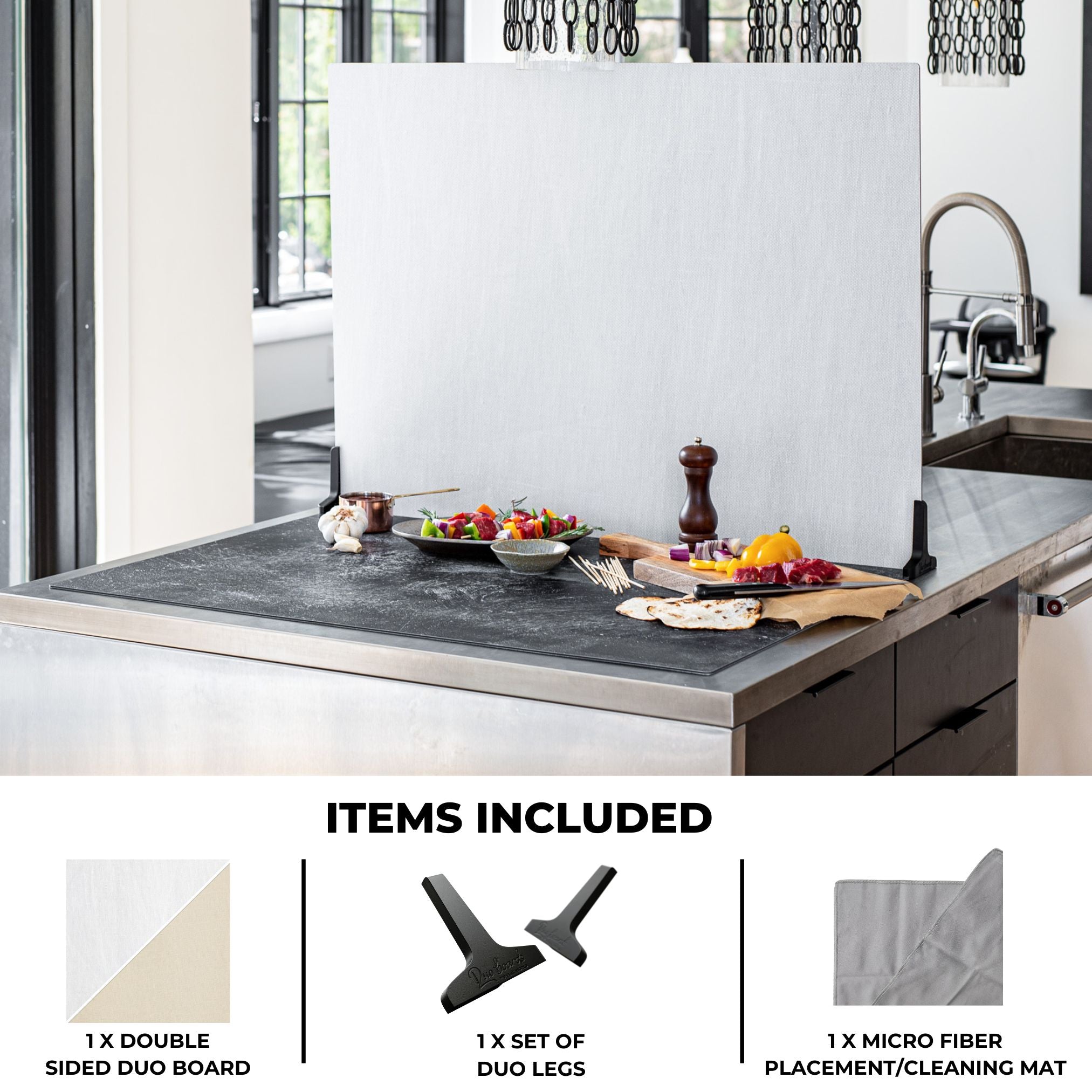 V-Flat Linen White/Linen Cream - XL Duo Board shown on a kitchen tabletop with all items included.