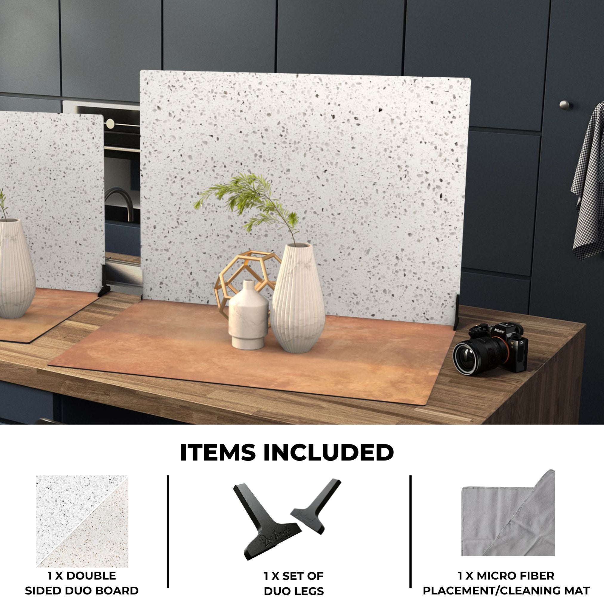 V-Flat Terrazzo A/B - XL Duo Board on a kitchen tabletop with all items included.