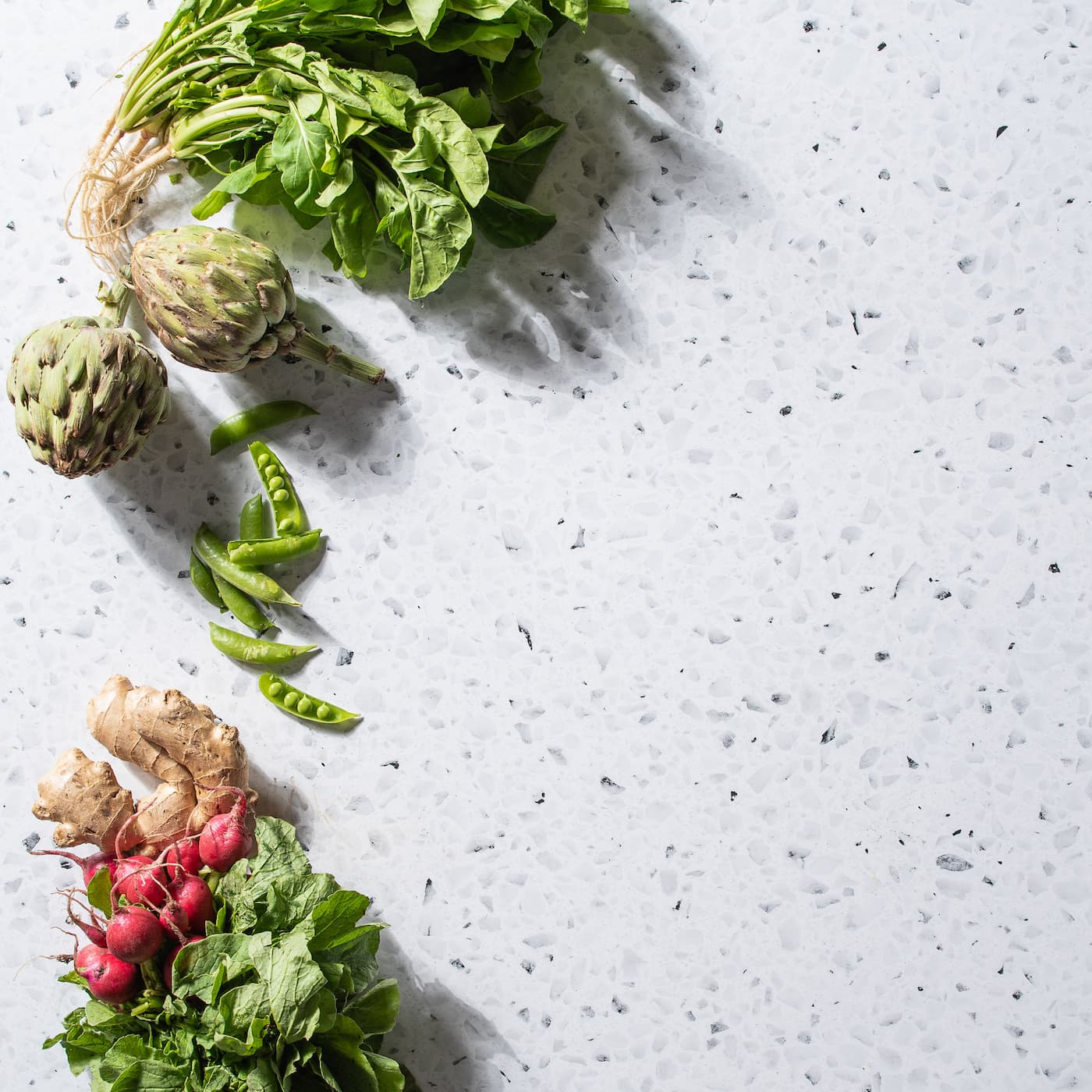 Terrazzo A/Terrazzo B used as a background with vegetables being photographed.