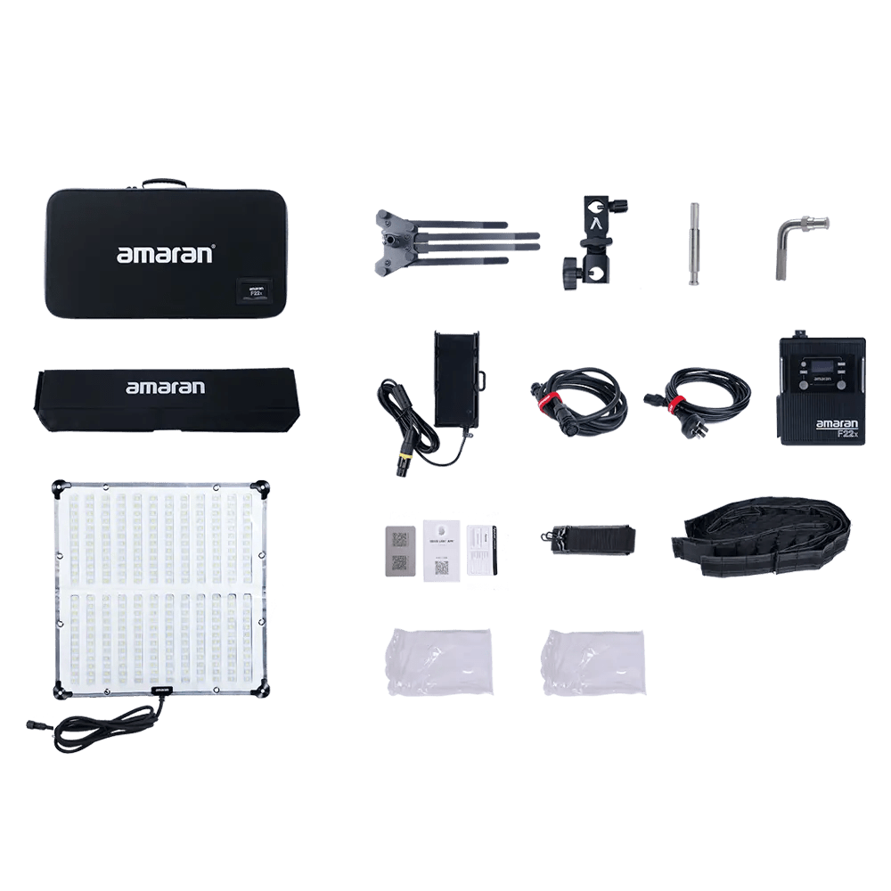 A Representation of all the products included in the Amaran F22x LED Panel on a transparent background. 