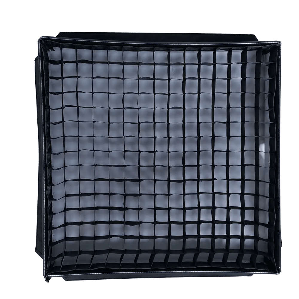 Amaran FF2x LED Panel light with a Honeycomb Grid attached on a transparent background. 