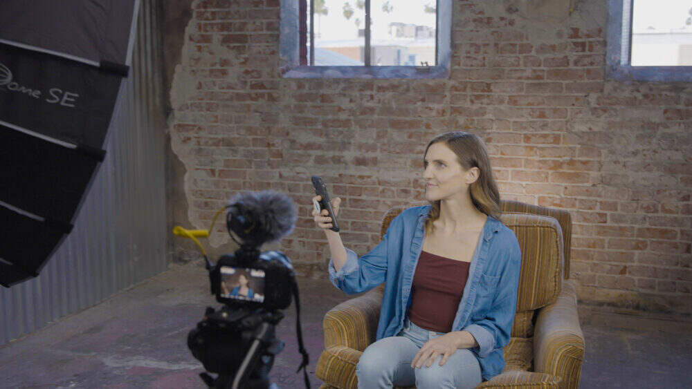 Aputure softbox being used in a studio environment with a presenter.