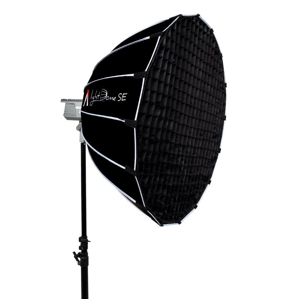 Side view of softbox with a fabric honeycomb grid on a lighting stand attached to an amaran CoB light.