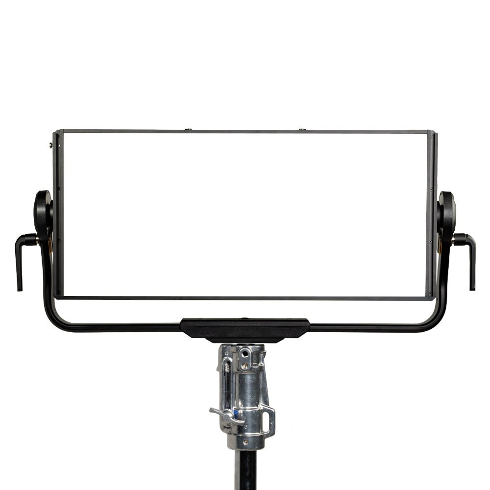 Aputure Nova P600c LED Panel light attached to a lighting stand on a white background.