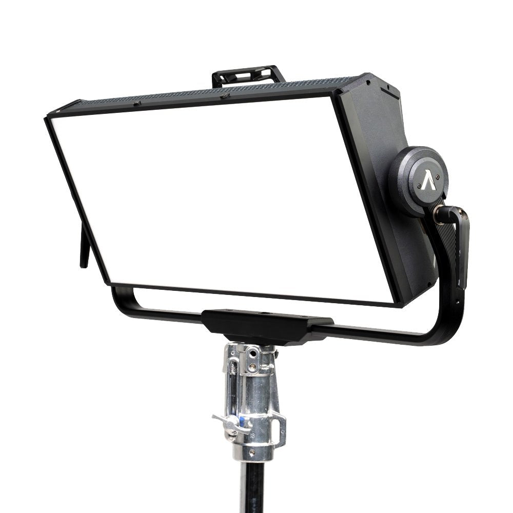 Aputure Nova P600c LED Fixture attached to a lighting stand on a white background. 