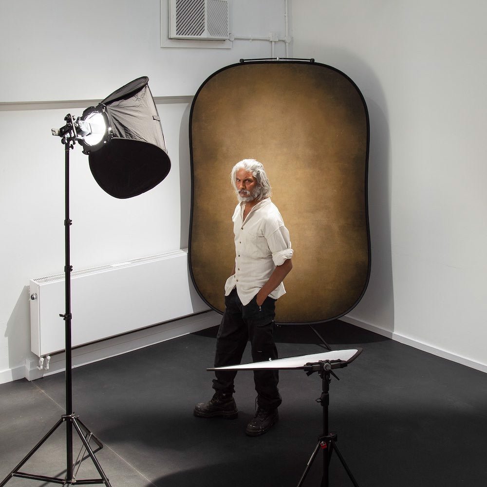 Vintage Collapsible Background 1.5 x 2.1m Tobacco/Olive being used in a photo shoot