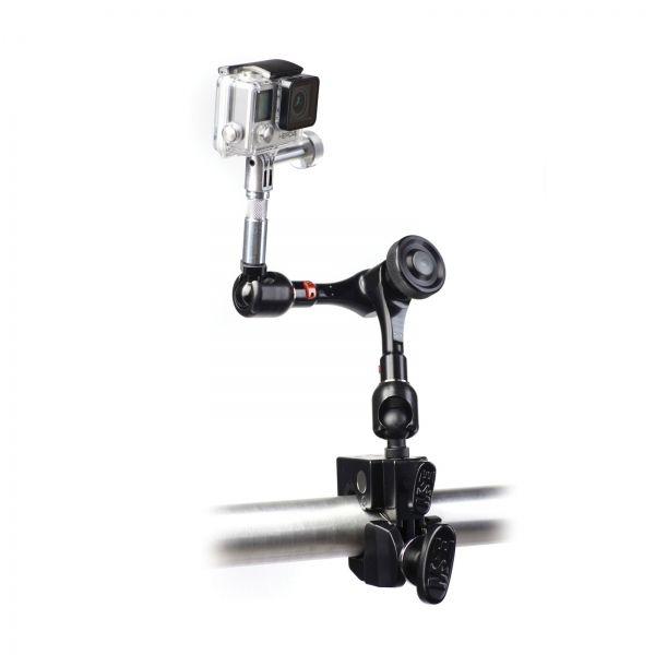 An image of the Matthews Infinity Arm, showing it holding a GoPro type camera and with it attached to a super clamp. 