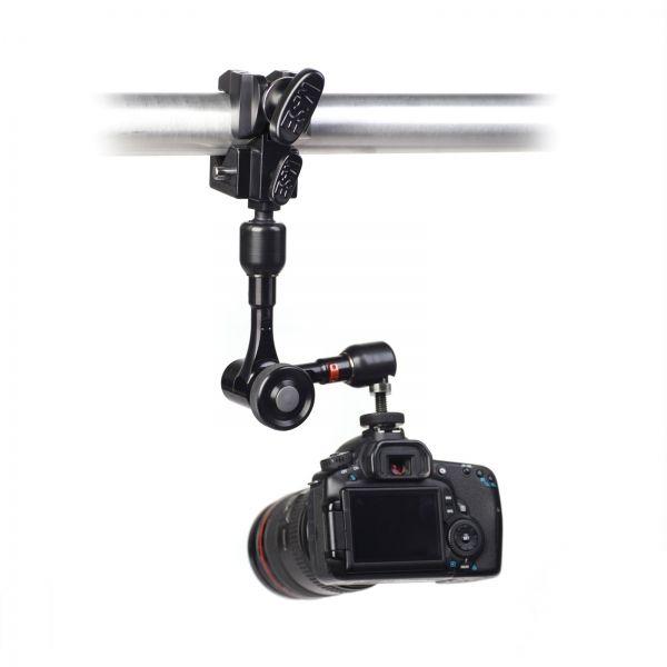 Image showing how the Infinity Arm can hold a DSLR camera, secured to a metal pole and attached by means of a super clamp.    