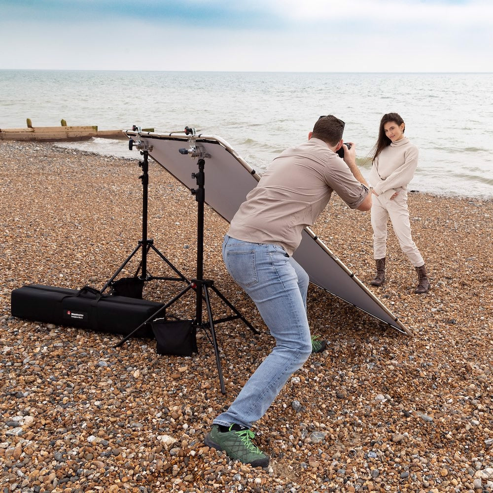 Manfrotto Pro Scrim All In One Kit 2x2m Large, in use on a beach