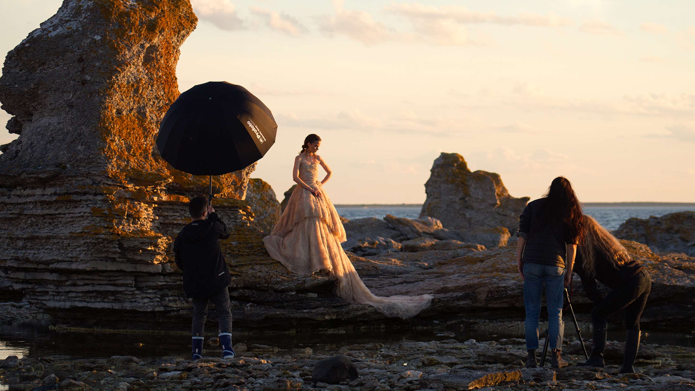 Umbrella deep being used on a location shoot