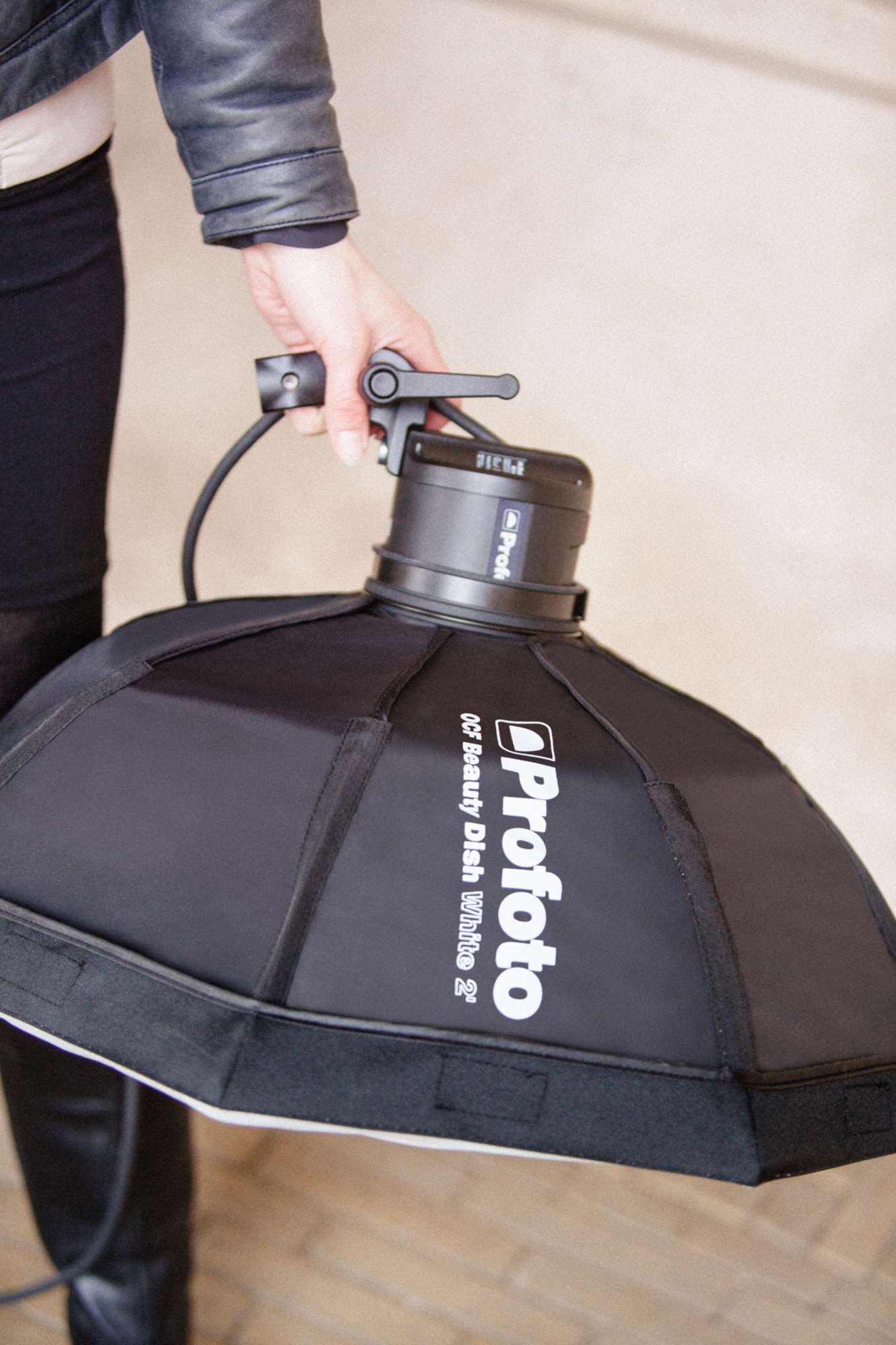 OCF Beauty Dish White 2' being set up for a photo shoot