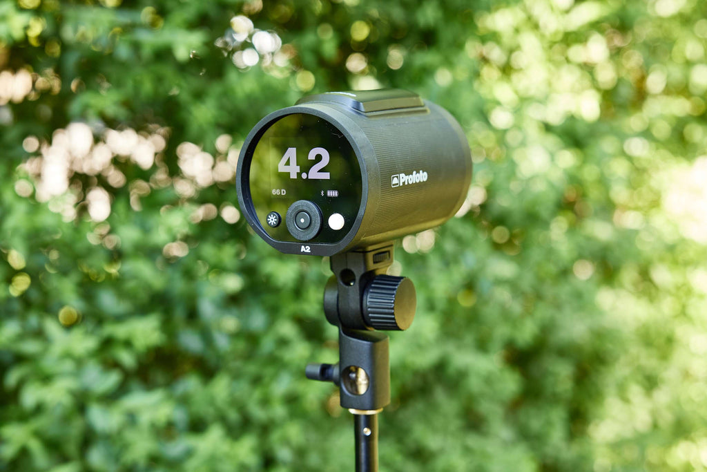 The Profoto A2 outdoors on a lighting stand enjoying some fresh air