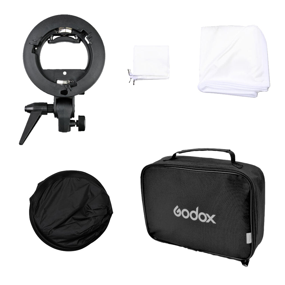 contents of the Godox SFUV8080 outdoor flash kit s-type softbox