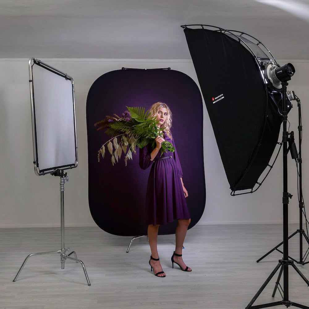 Manfrotto Lastolite Vintage Collapsible 1.5 x 2.1m Aubergine/Crimson being used on a photo shoot